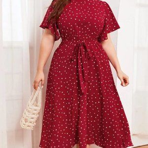 Plus Mock-Neck Flutter Sleeve Self Belted Heart Print Dress